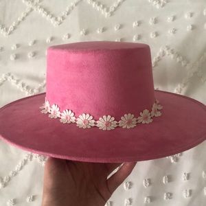 Pink flat brim hat, handmade by Hats & Roses